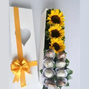 Caja con girasoles y fresas con chocolate